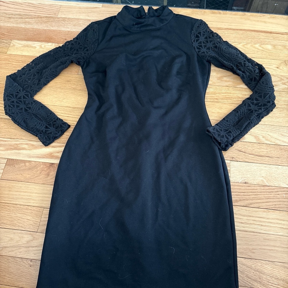 Lulu's Black Mini Dress with Lace Sleeves